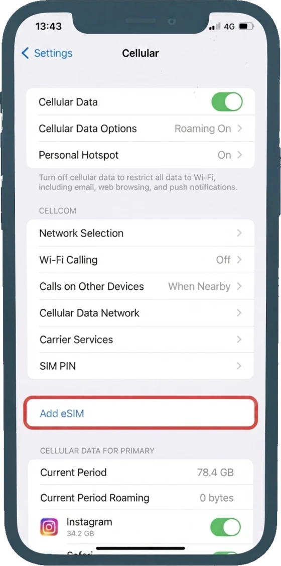 iPhone-ы Тохиргоо → Cellular дэлгэц дээр «Add eSIM» мөрийг улаанаар тэмдэглэсэн